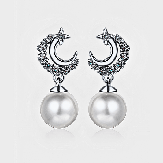 Lunetta Drops - Moissanite Pearl Earrings in 925 sterling silver. Featuring a silver crescent design with freshwater pearls.