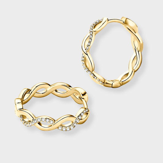 Vita Hoops -  Hoop Earrings in 18k gold featuring a crisscross design with moissanite accents. | Gold moissanite earrings