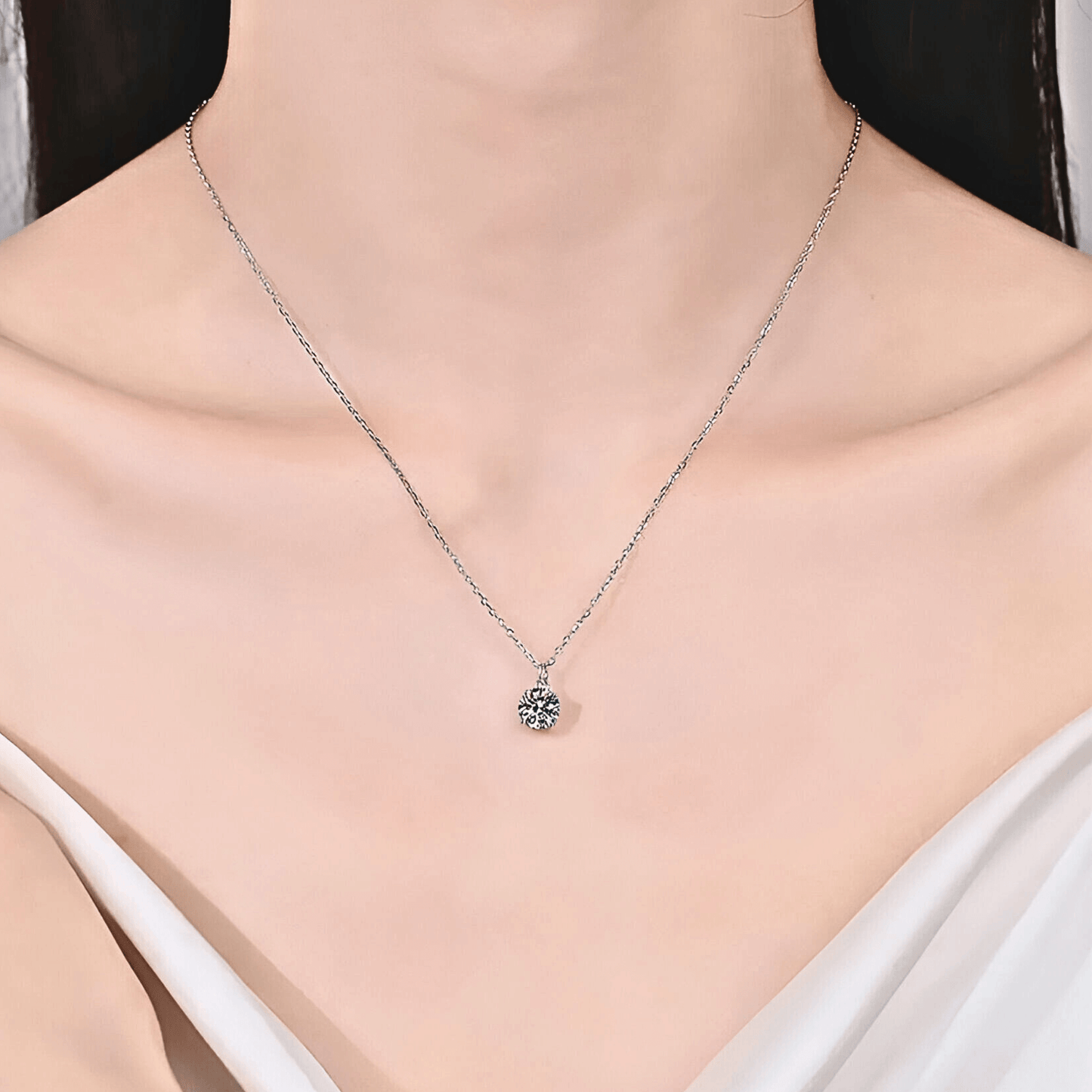 model wearing the Ladina Pendant 1ct - Moissanite Necklace