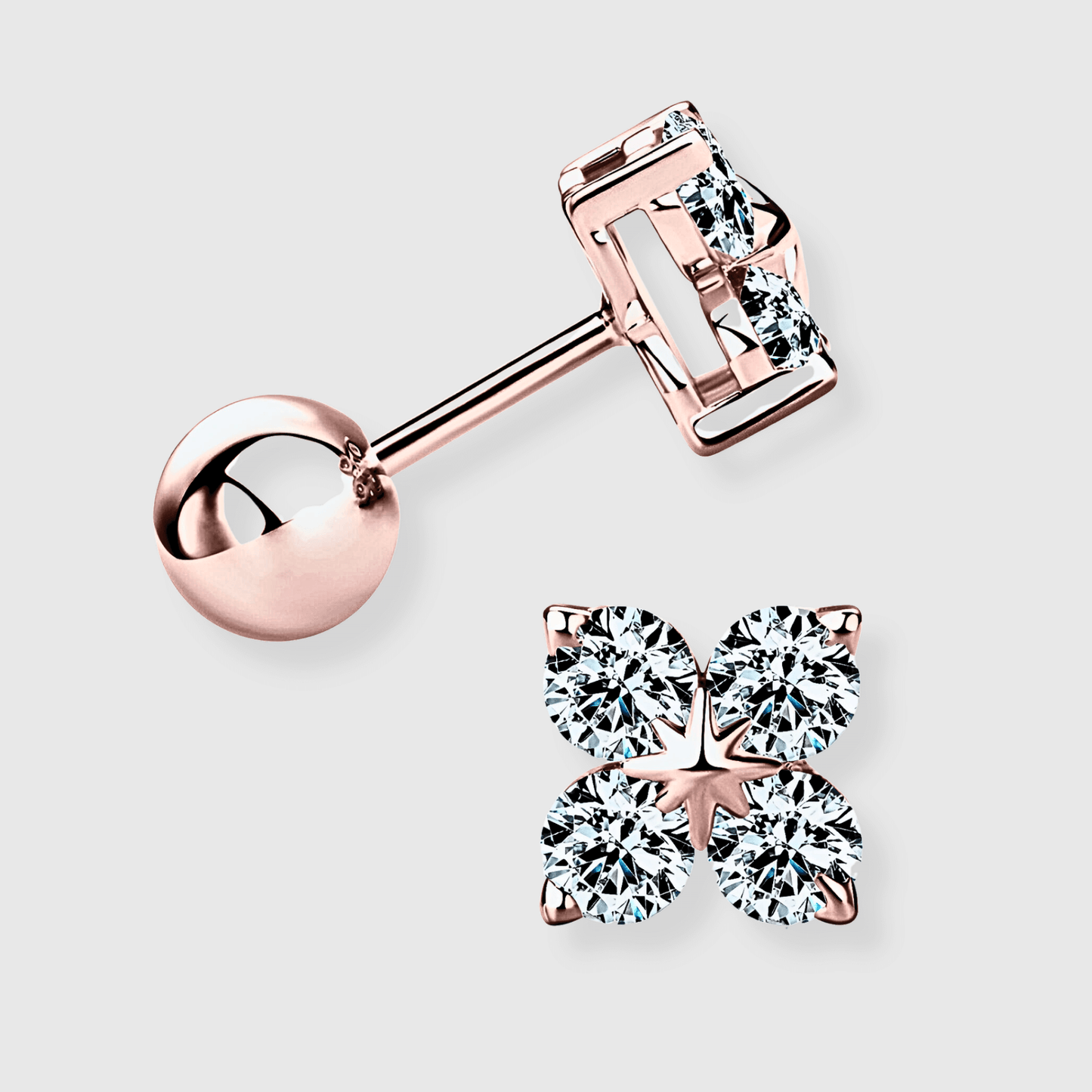Florin Studs / rose gold clover earrings - Clover shaped Earrings plated in rose gold  and featuring 0.8 carat of moissanite