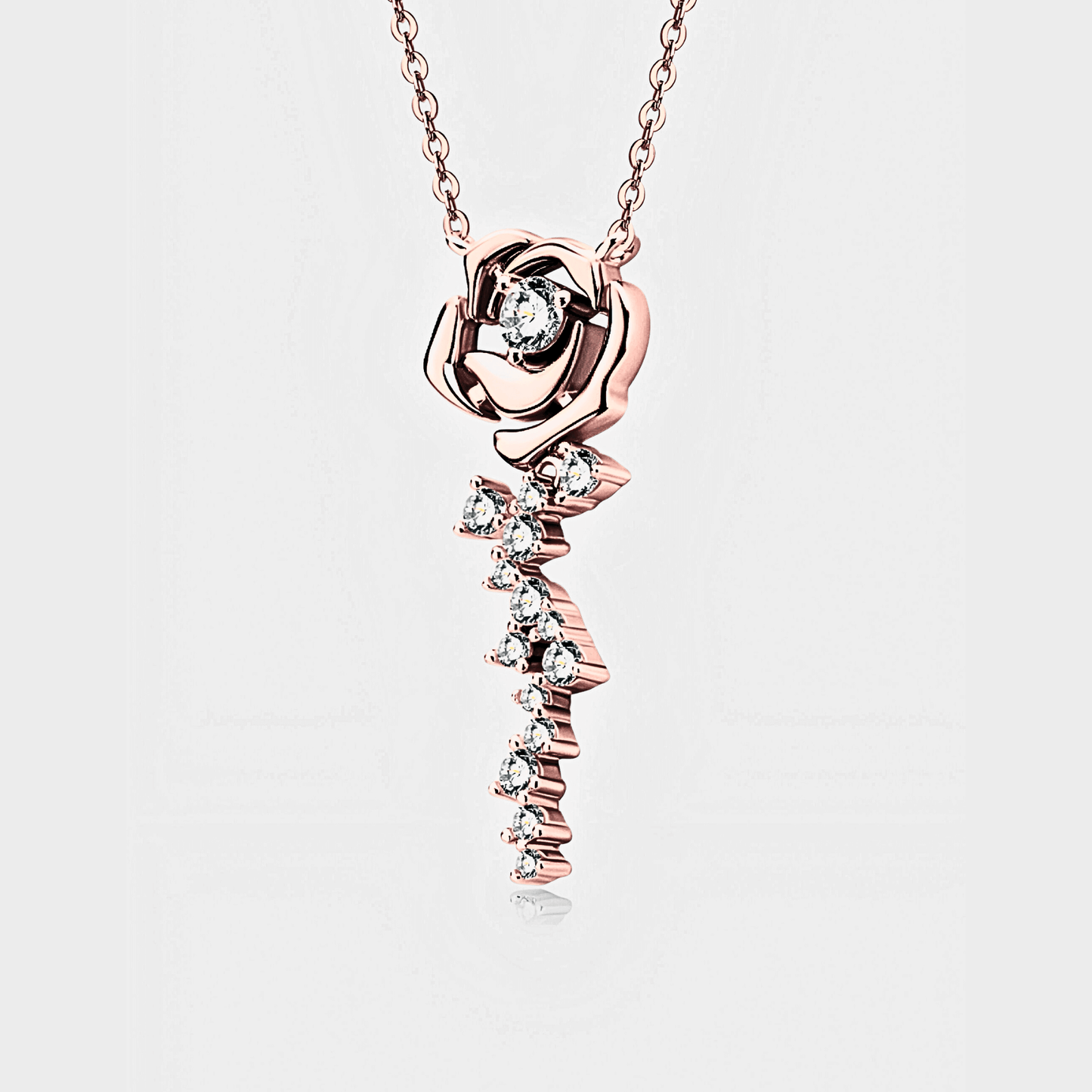 Rosalia Pendant - Rose Gold Necklace featuring a floral design with white moissanite and 18k rose gold plating.