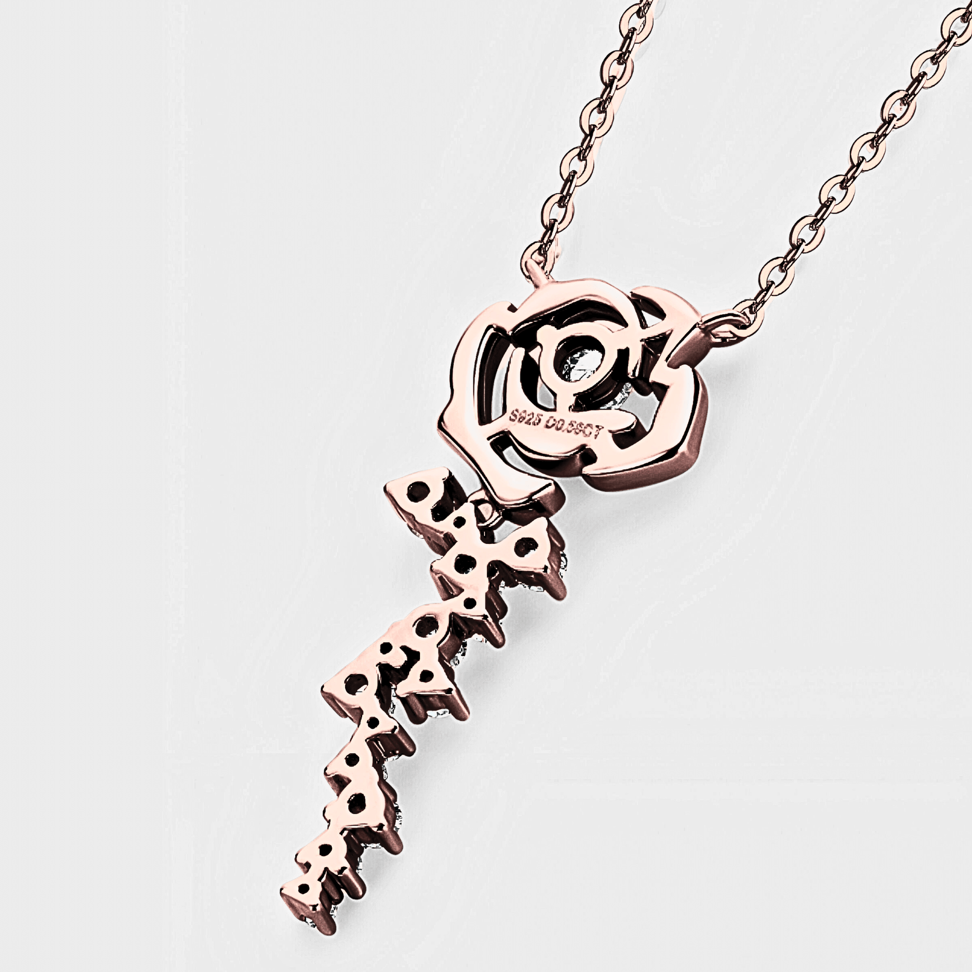 Rosalia Pendant - Rose Gold Necklace featuring a floral design with white moissanite and 18k rose gold plating.