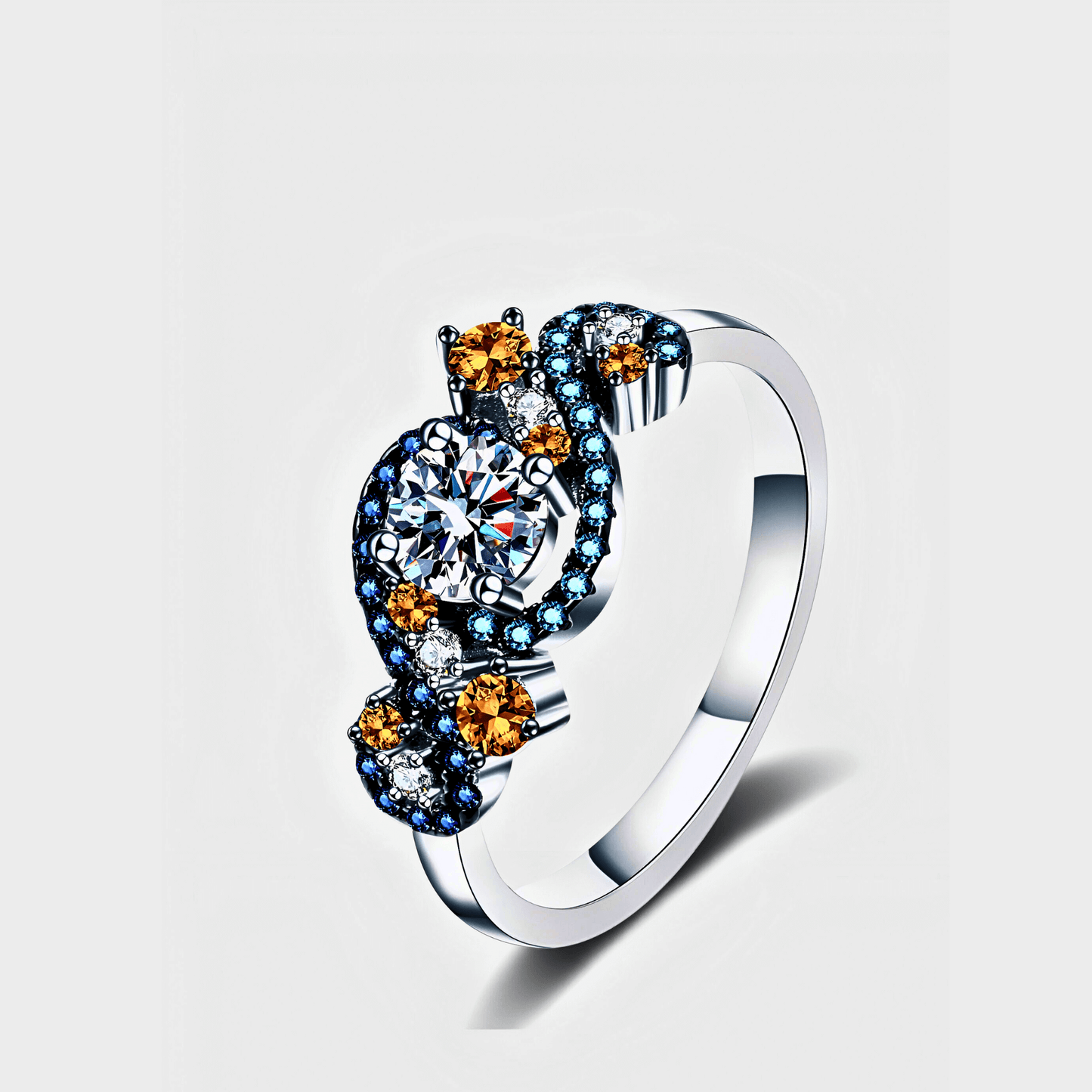 Gaia Ring 0.5ct -  925 sterling silver Moissanite Ring featuring vibrant blue and orange zircon accents.