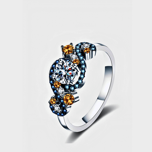 Gaia Ring 0.5ct -  925 sterling silver Moissanite Ring featuring vibrant blue and orange zircon accents.