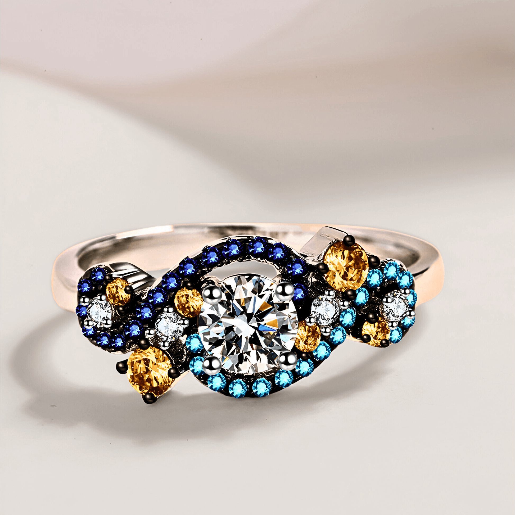 Gaia Ring 0.5ct -  925 sterling silver Moissanite Ring featuring vibrant blue and orange zircon accents.