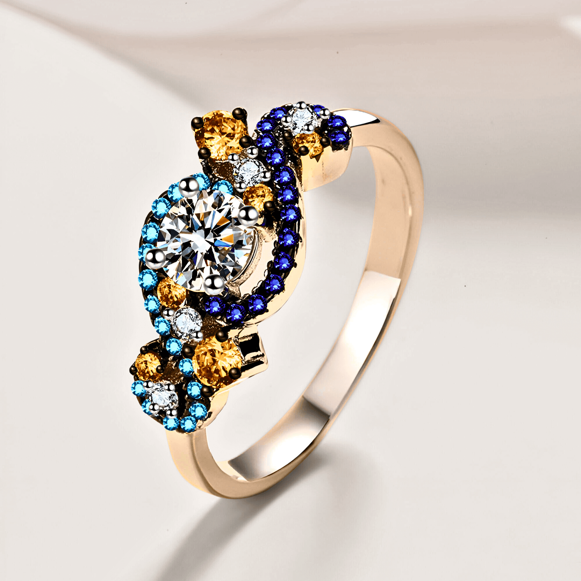 Gaia Ring 0.5ct -  925 sterling silver Moissanite Ring featuring vibrant blue and orange zircon accents.