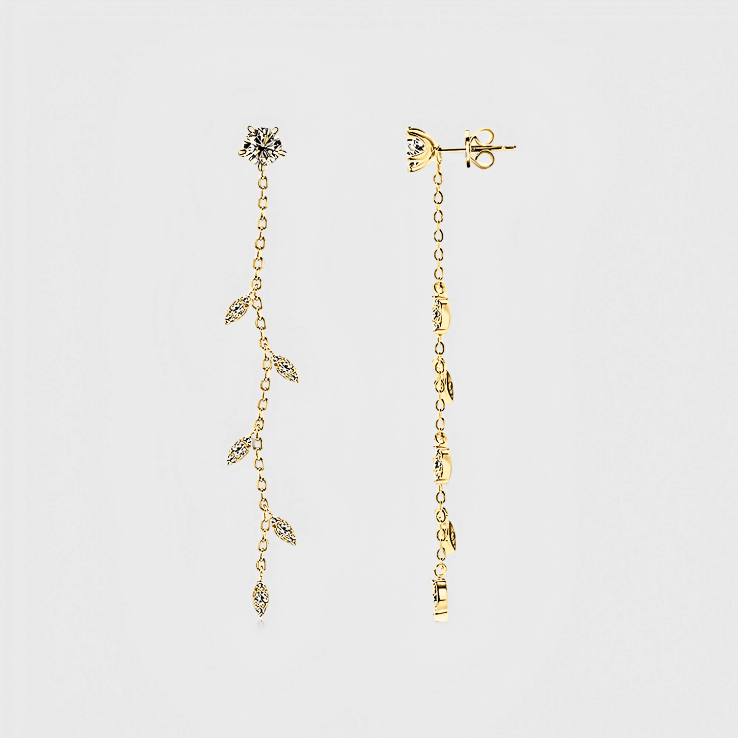 Edera Drops 1.38ct - Moissanite Leaf Earrings in 18k gold. featuring a leaf shape design along a free-flowing chain.