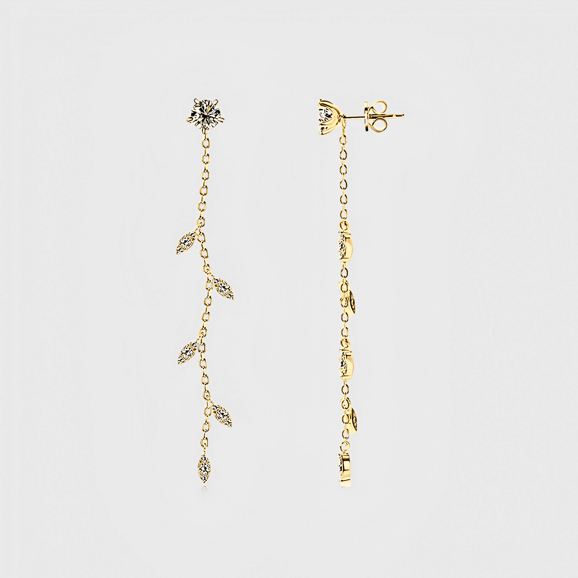 Edera Drops 1.38ct - Moissanite Leaf Earrings in 18k gold. featuring a leaf shape design along a free-flowing chain.