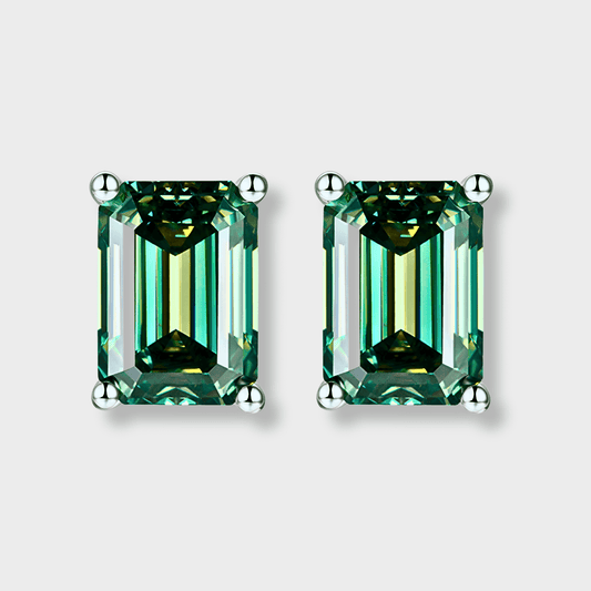 Juniper Studs – 2ct Green Moissanite Earrings in 925 sterling silver with elegant emerald cut design.