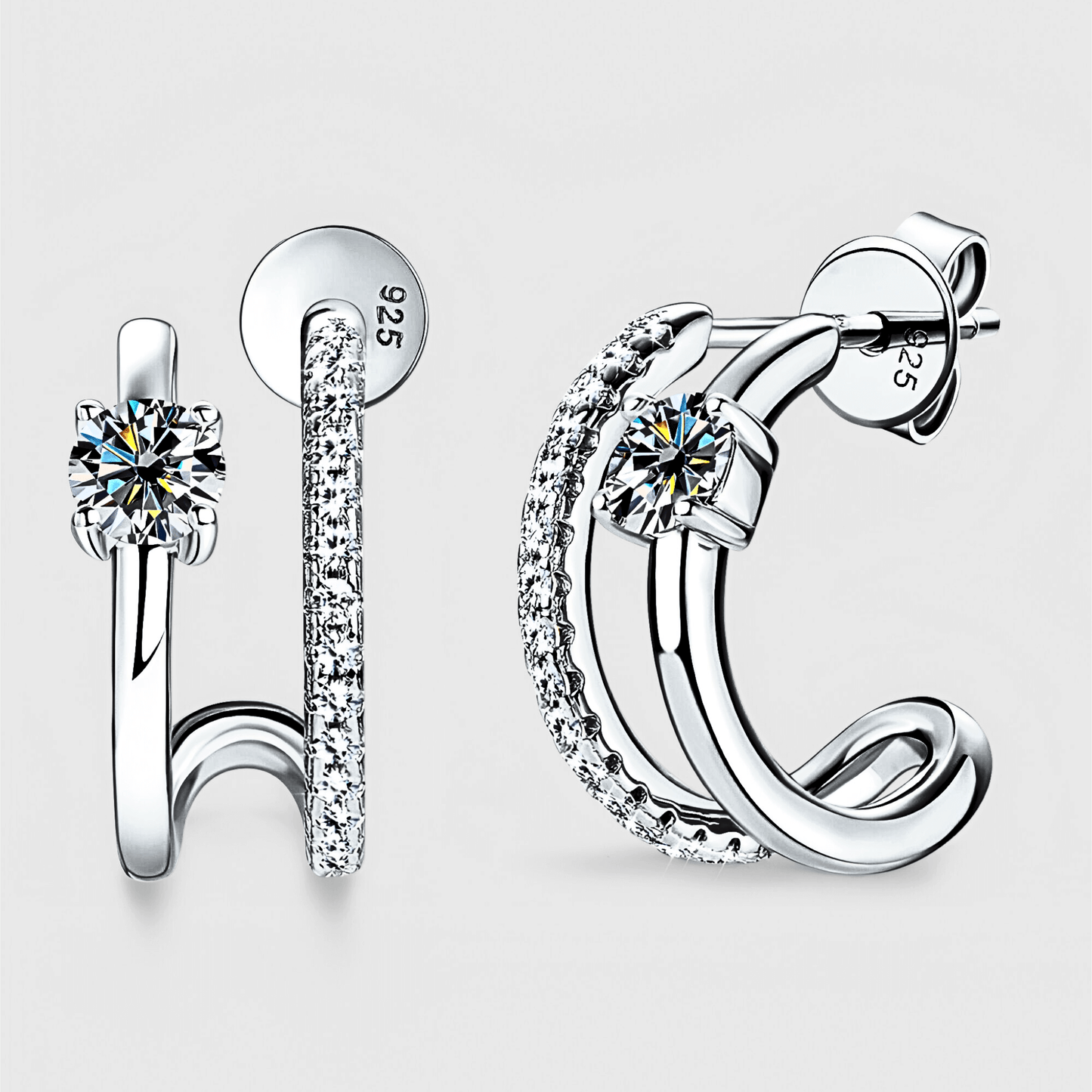 Halo Hoops - C-Hoop Earrings with moissanite accents in 925 sterling silver. | Silver c-hoop earrings