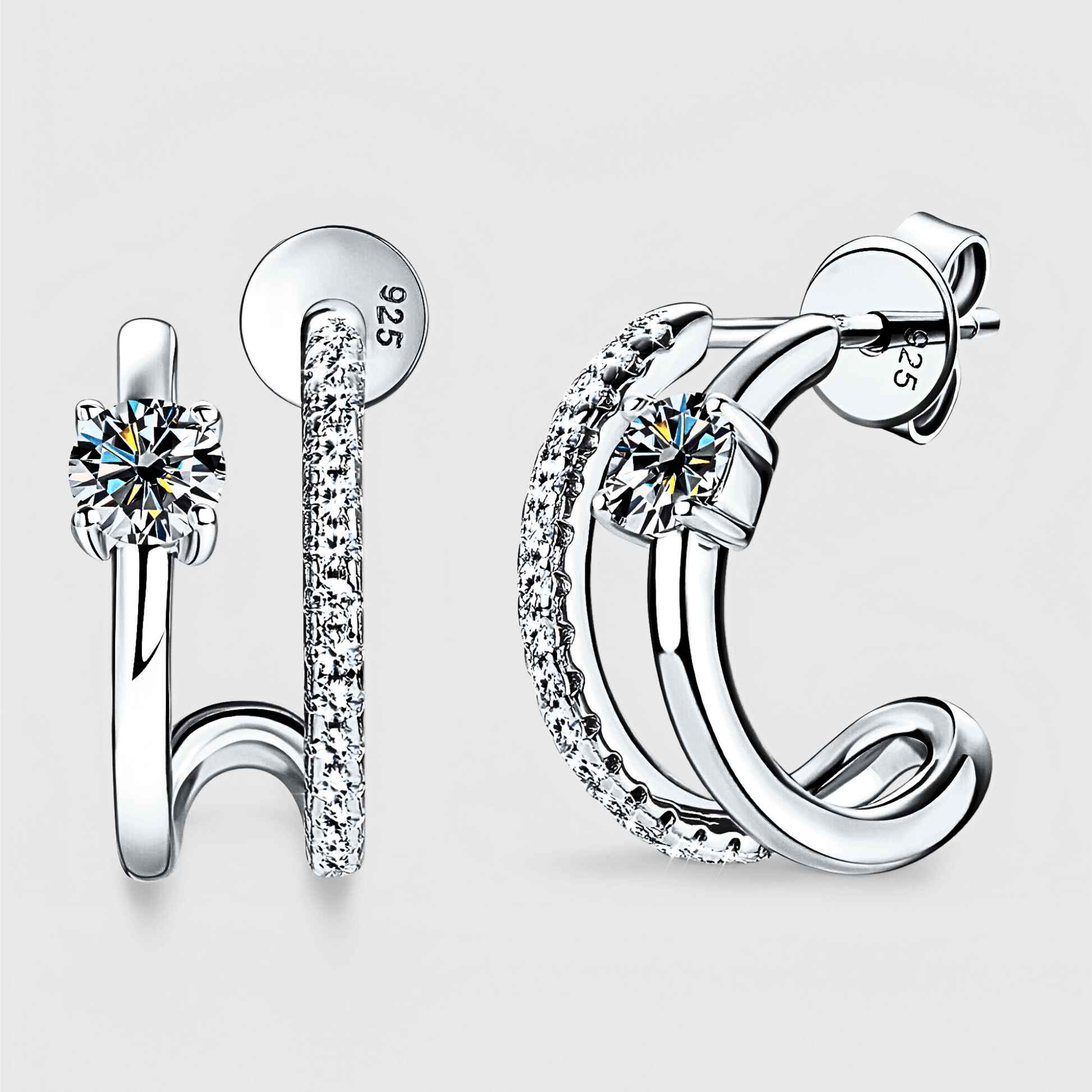 Halo Hoops - C-Hoop Earrings with moissanite accents in 925 sterling silver. | Silver c-hoop earrings