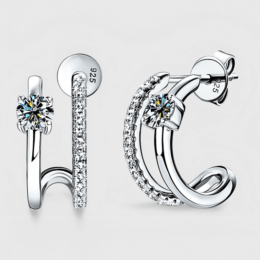 Halo Hoops - C-Hoop Earrings with moissanite accents in 925 sterling silver. | Silver c-hoop earrings
